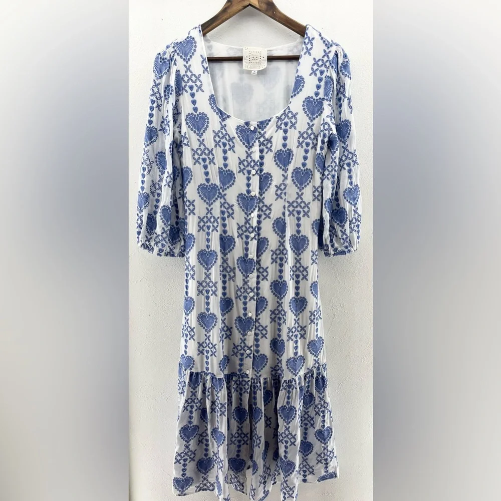 XS Johnny Was Jade Beau Eyelet Button-Down Tiered Midi Dress Boho Chic - Picture 2 of 8